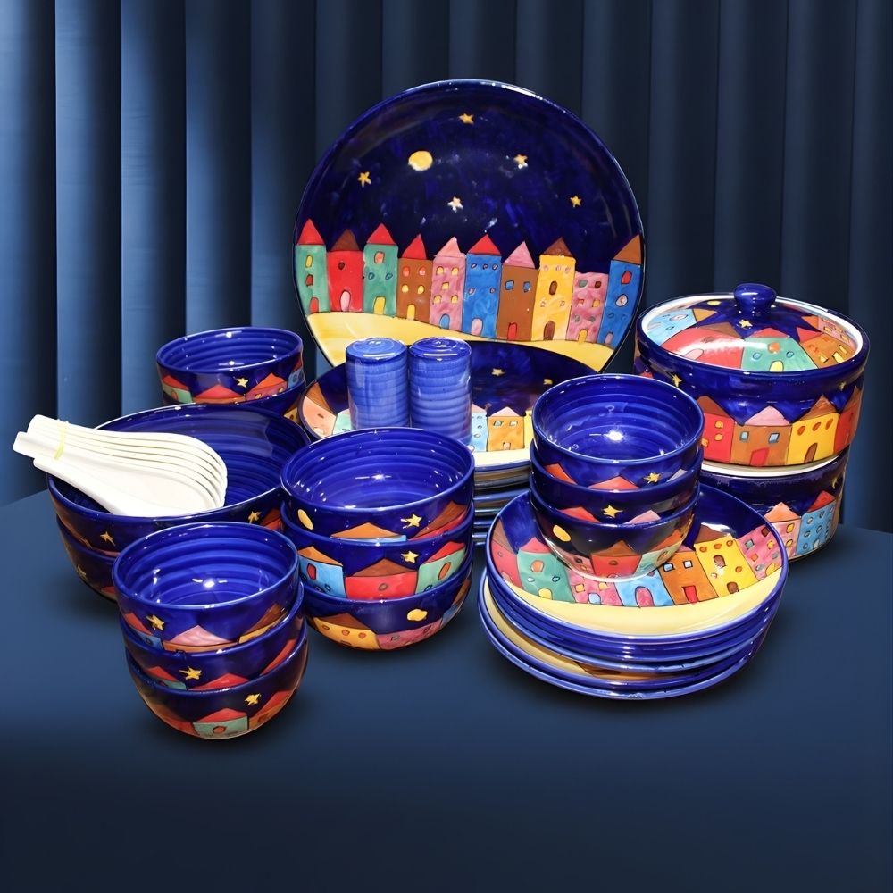 turkish blue houses handpainted ceramic dinner set of 37 pieces elegant serveware collection for dining table and home use crockery set